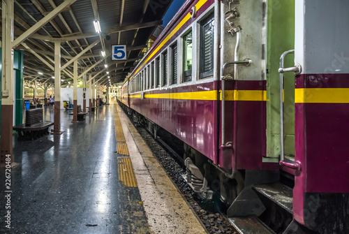Old Thai train at Bangkok station, most of Thai train run by diesel engine. In vintage styles of travel in Thailand, journey with train is a one of popular. Many tourists plan to travel in this style.