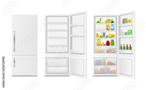 Realistic Detailed 3d Full and Empty Fridge. Vector