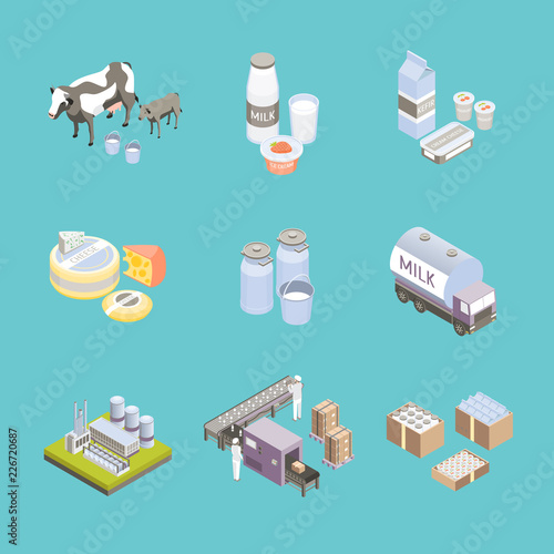 Milk Factory Signs 3d Icon Set Isometric View. Vector