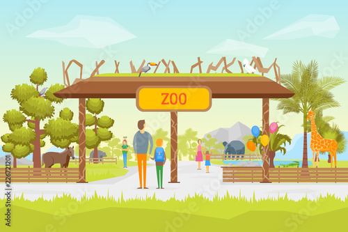 Cartoon Zoo Entrance Panorama Background Card. Vector