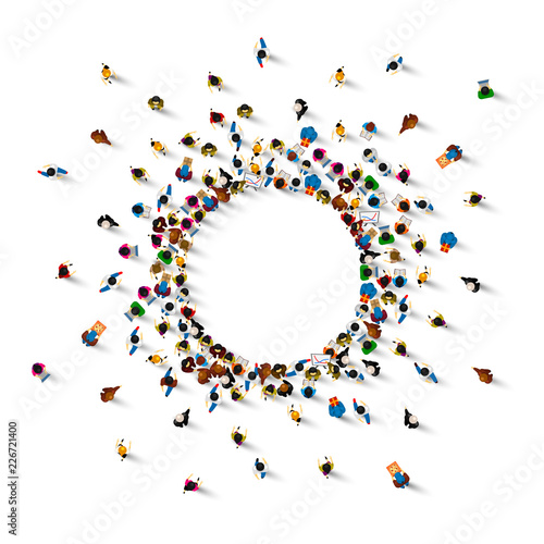 A lot of people stand in a circle on a white background. Vector illustration