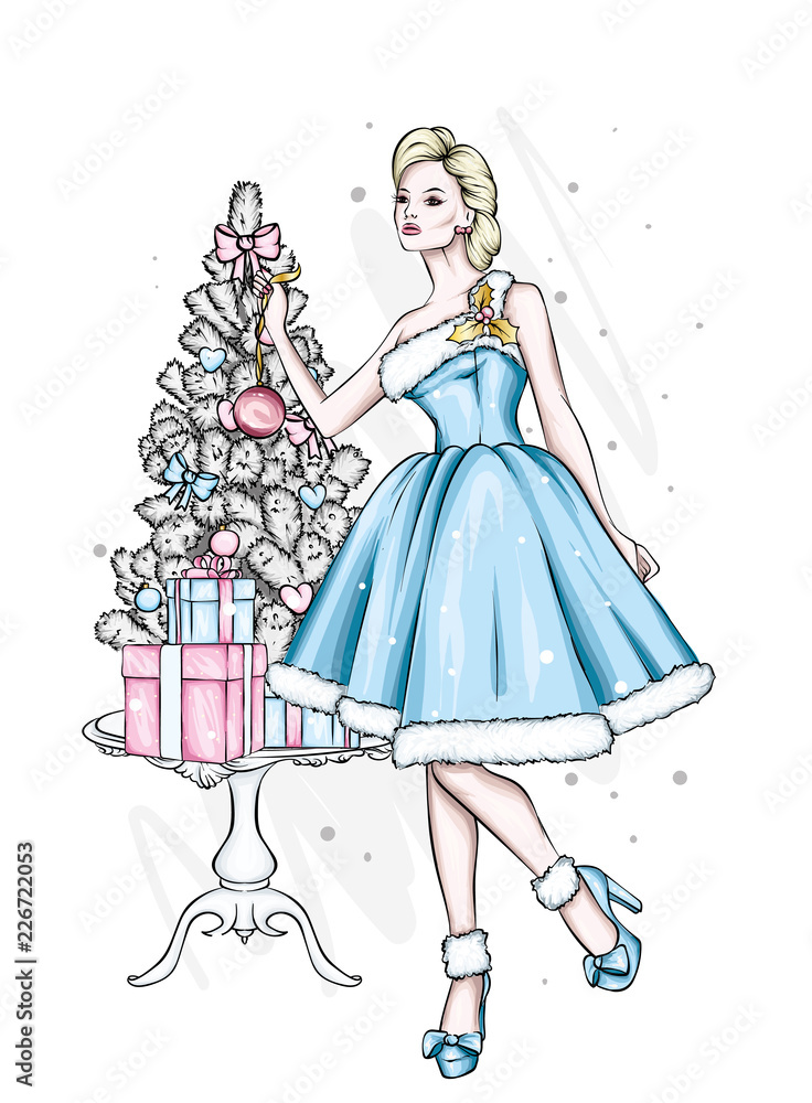 Beautiful girl in evening dress. New Year and Christmas, Christmas tree and gifts. Vector illustration for a postcard or a poster, print for clothes. Winter holidays. Beautiful girl in evening dress. New Year and Christmas, Christmas tree and gifts. Vector illustration for a postcard or a poster, print for clothes. Winter holidays.