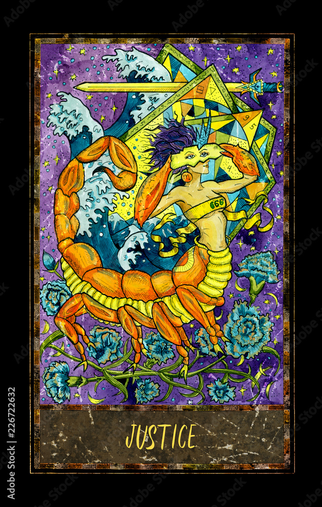 Justice. Major Arcana tarot card. The Magic Gate deck. Fantasy graphic illustration with occult magic symbols, gothic and esoteric concept