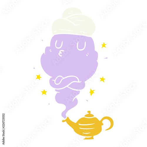 cute flat color style cartoon genie rising out of lamp
