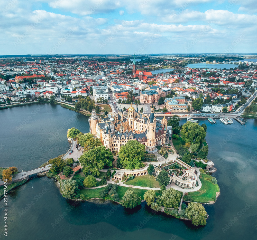 Aerial autumn view of Schloss Mecklenburg in Schwerin, Germany