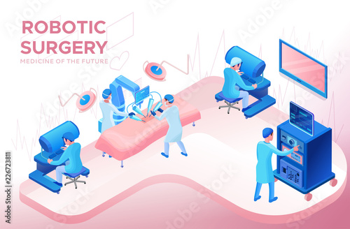 Robotic surgery operating, smart surgical robotic technology, isometric 3d vector illustration with ai and robot in medical treatment, artificial intelligence in healthcare