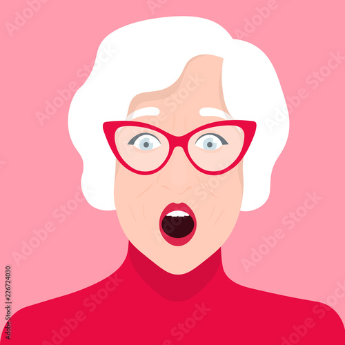 Portrait of an elderly woman with glasses. Shock and surprise. Emotions. Pensioner Vector flat illustration