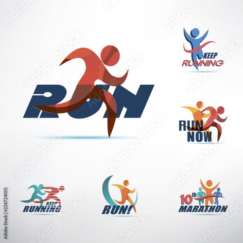 running people logo template, stylized symbols collection, sport and activity concept