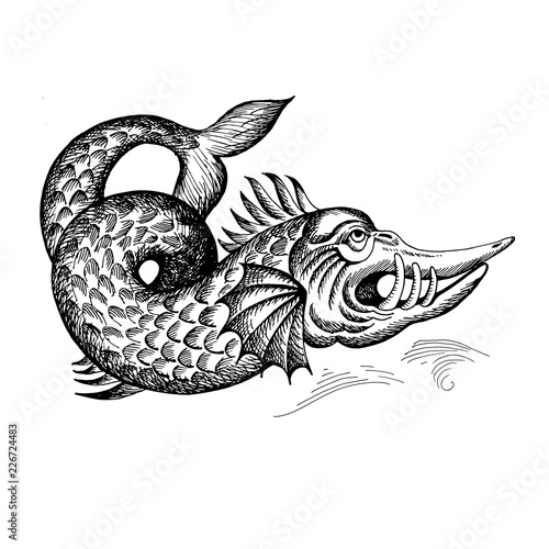 Mythological vintage sea monster. Fragment of old pirate map. Hand drawn sketch vector