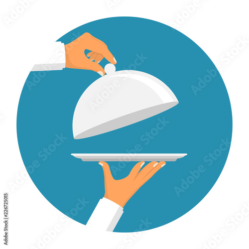 Empty tray with an open lid in the hands of the waiter. Silver cloche holding waiter. Vector illustration flat design. Isolated icon on background. Food serving tray restaurant plate.
