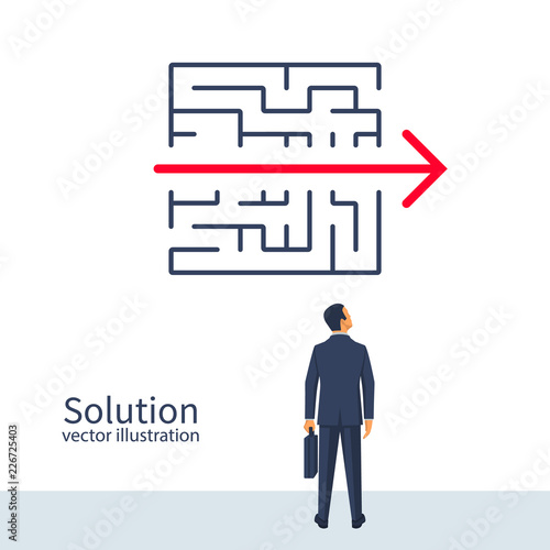 Creative problem solving. Businessman standing about wall found way out exit from labyrinth. Business concept. Choice way. Vector illustration flat design. Isolated on background. Achieving the goal.