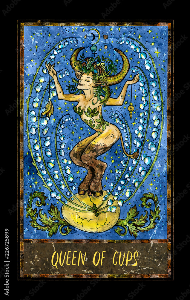 Queen of cups. Minor Arcana tarot card. The Magic Gate deck. Fantasy graphic illustration with occult magic symbols, gothic and esoteric concept