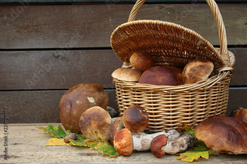 Mushrooms in basket on wooden background