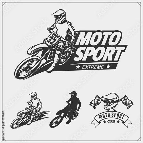 Set of motor sport silhouettes, labels and emblems. Motocross riders.