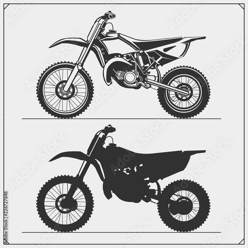 Set of motorcycles. Motocross, motofreestyle, mototrial. Emblems of bikers club. Monochrome design. photo