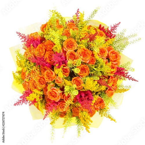 Bunch of flowers top view isolated on white