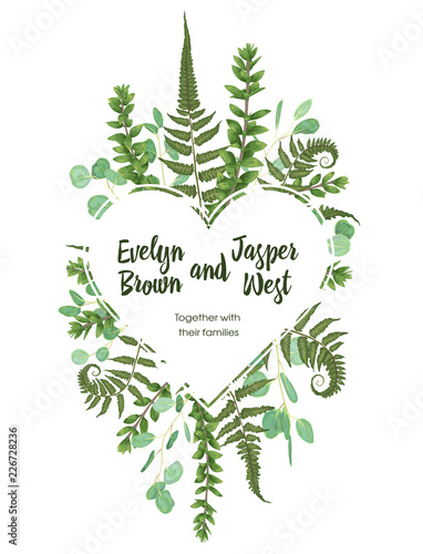 Valentine greeting card, invite card. Vector watercolor style herbs, eucalyptus,  forest fern, waxflower. Natural, branches boxwood, buxus