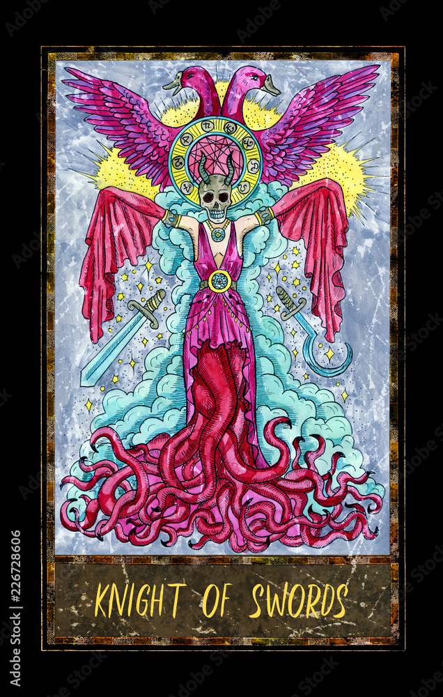Obraz premium Knight of swords. Minor Arcana tarot card. The Magic Gate deck. Fantasy graphic illustration with occult magic symbols, gothic and esoteric concept