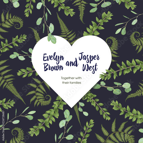 Valentine greeting card, invite card. Vector watercolor style herbs, eucalyptus,  forest fern, waxflower. Natural, branches boxwood, buxus, botanical decorative template
