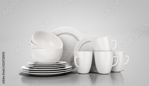 set of white dishes 3d render on grey photo