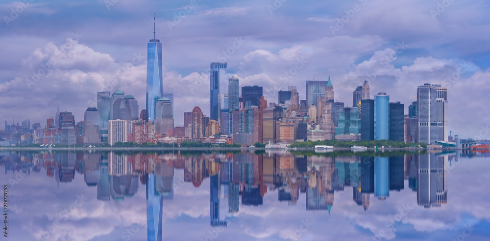 New York City panorama skyline reflections  with over Hudson River, Manhattan skyline 