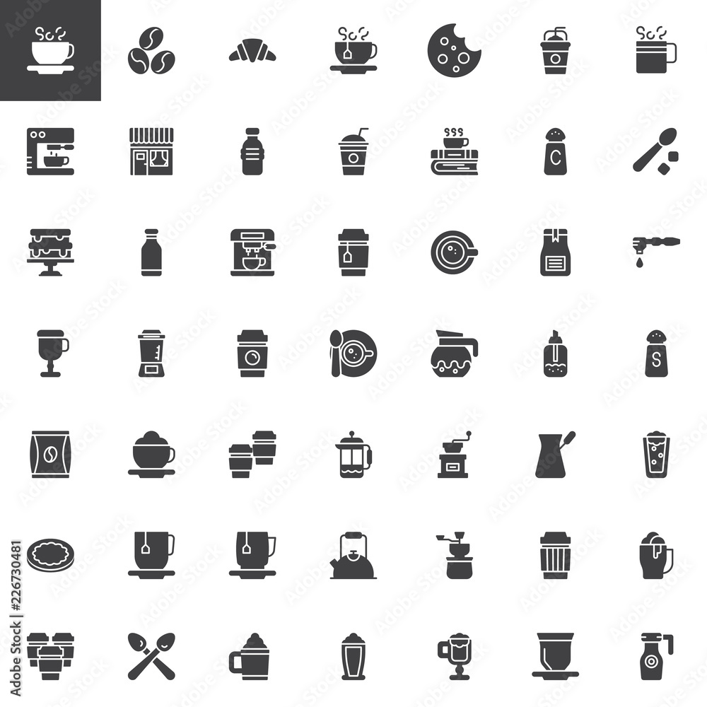 Coffee shop vector icons set, modern solid symbol collection, filled style pictogram pack. Signs, logo illustration. Set includes icons as Coffee cup, Croissant, Coffee machine, Milkshake, Grinder Coffee shop vector icons set, modern solid symbol collection, filled style pictogram pack. Signs, logo illustration. Set includes icons as Coffee cup, Croissant, Coffee machine, Milkshake, Grinder