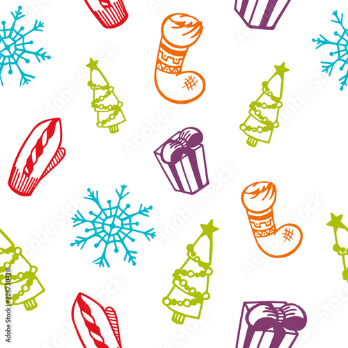 New year and christmas seamless pattern. Snowflakes, gifts, spruce, mitten, sock. Winter vector illustration. Festive, holiday background.