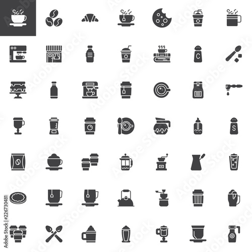 Coffee shop vector icons set, modern solid symbol collection, filled style pictogram pack. Signs, logo illustration. Set includes icons as Coffee cup, Croissant, Coffee machine, Milkshake, Grinder