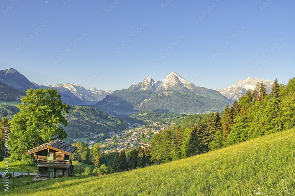 Mountain landscape in the Bavarian Alps with village of Berchtesgaden and Watzmann in the background Berchtesgadener Land, Bavaria, Germany