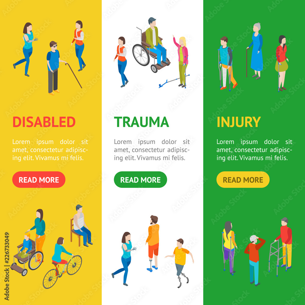 Isometric Disabled People Characters Banner Vecrtical Set . Vector