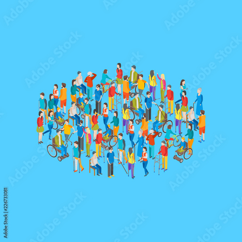 Isometric Disabled People Characters Grouping on a Blue Background. Vector