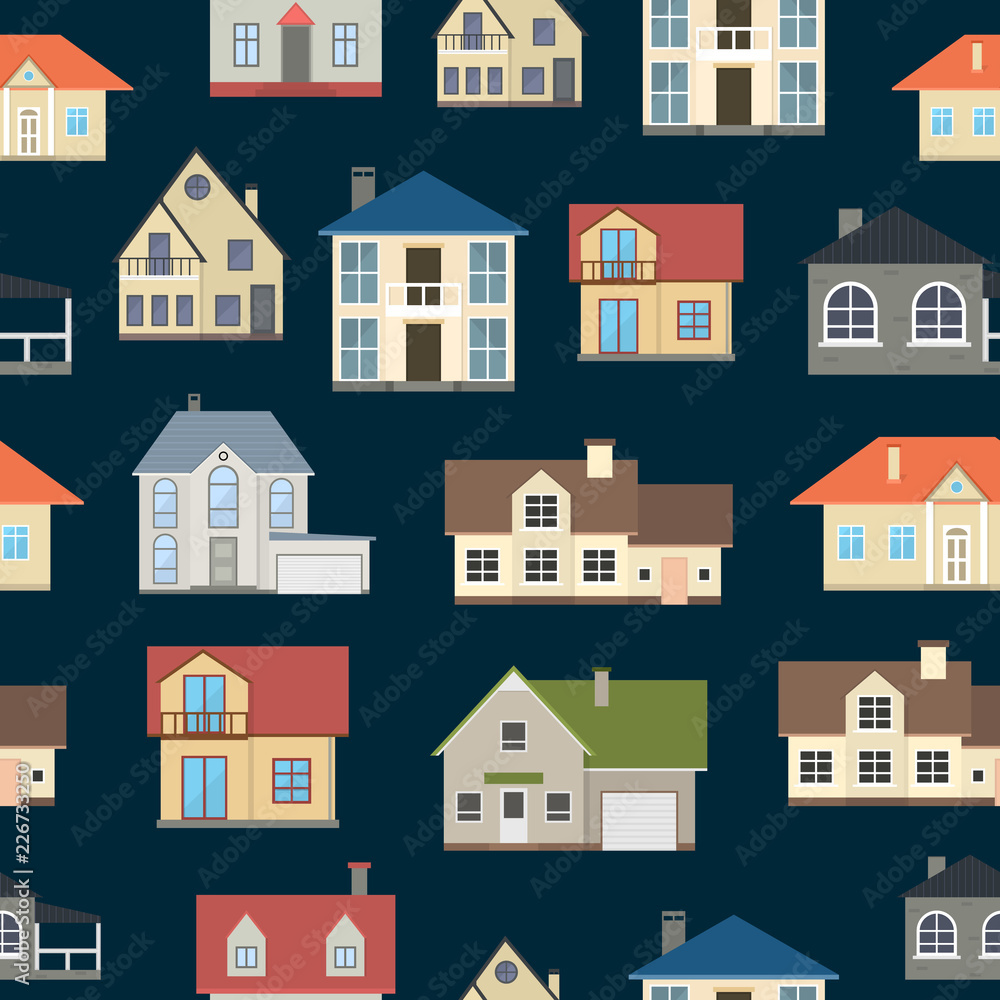 Cartoon Houses Exterior Seamless Pattern Background. Vector