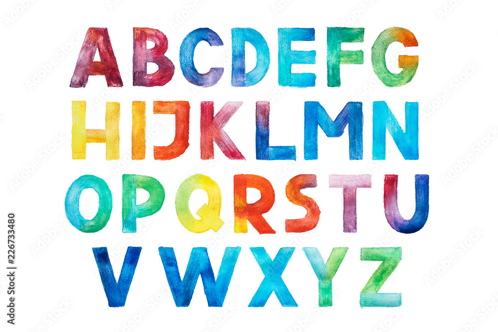 Fototapeta premium Kolorowa akwarela aquarelle typ czcionki odręcznie rysować litery alfabetu abc.