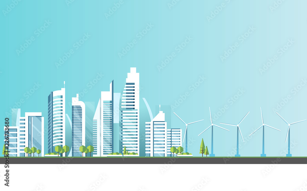 Eco-friendly housing complex - modern flat design style vector illustration on blue background. A cityscape with skyscrapers,