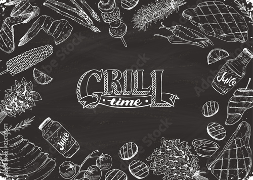 BBQ and grill banner with sketch objects on blackboard. Hand drawn barbecue elements around text in horizontal composition. Grill time.