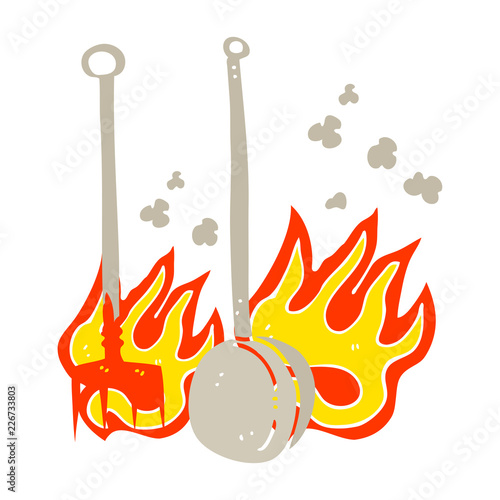 flat color illustration of a cartoon hot fireside tools