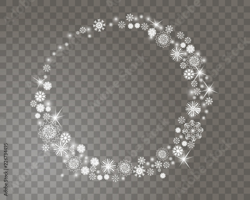 Snowflakes circle frame on a transparent background for your Christmas design. Abstract snowfall background with place for your text. Vector illustration
