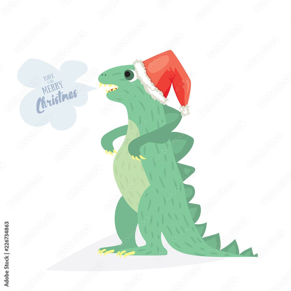 Naklejka premium Cute Dino wish you to have a very merry Christmas. Holiday card template