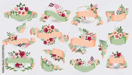 Vector illustration set of hand drawn floral ribbons for wedding, anniversary, birthday and party. Design for banner, poster, card, invitation, brochure and scrapbook