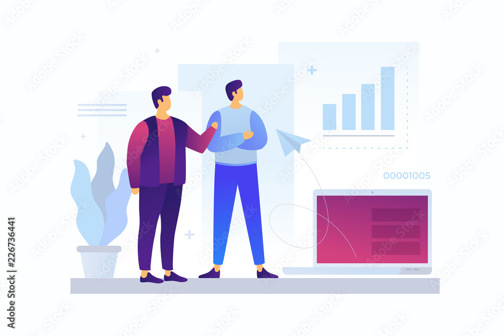 Two cartoon young businessmen discussing strategy of doing business. Concept of teamwork, exchange of ideas, communication. Entrepreneurs talk about commercial enterprise. Vector flat illustration. Two cartoon young businessmen discussing strategy of doing business. Concept of teamwork, exchange of ideas, communication. Entrepreneurs talk about commercial enterprise. Vector flat illustration.