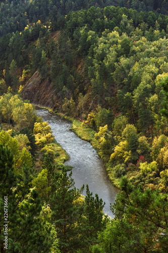 Autumn landscape with a view of the river Yesaulivka. Top view. Krasnoyarsk region  Russia