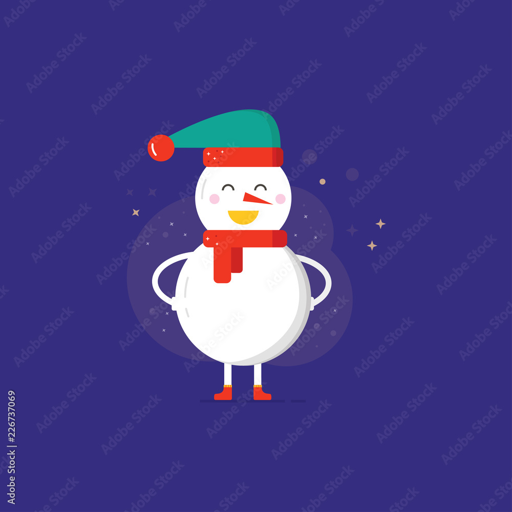 Merry Christmas greeting card, cute snowman  with hat and scarf.