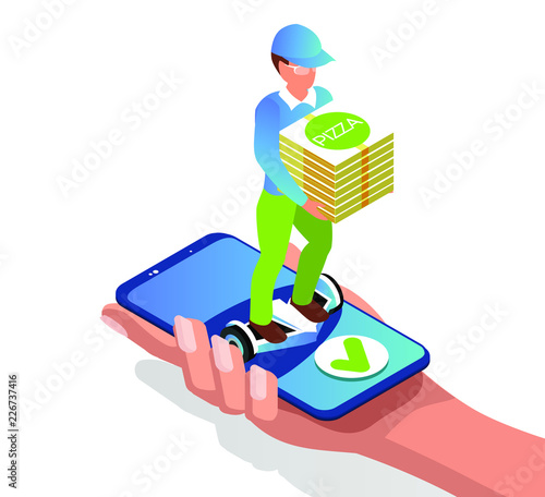 Couriers deliver hot pizza. A man on a  gyro board. Online delivering. Isometric 3d