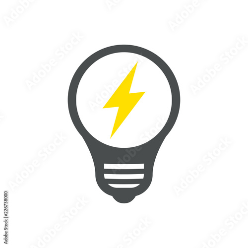 Logotipo bombilla led con rayo en gris y amarillo