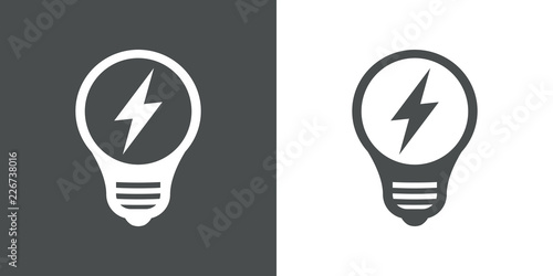 Logotipo bombilla led con rayo en gris y blanco