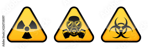 Radiation warning sign, biohazard warning sign, gas mask warning sign