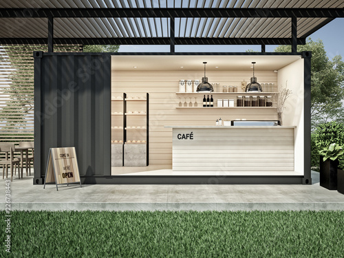 Container cafe in garden 3D render
