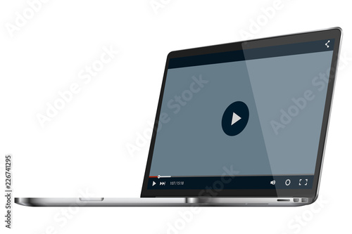 Modern glossy laptop with video player mockup on screen.