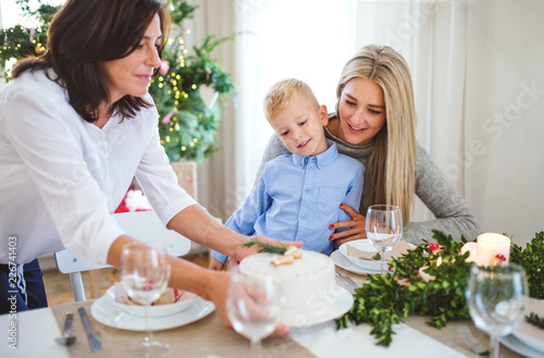 A small boy with mother looking at grandmother putting a cake on table at Christmas time. © Halfpoint