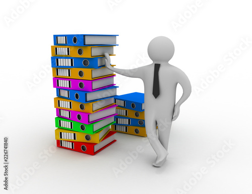 3d man with stack of folders photo